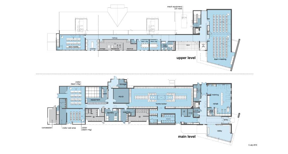 Upper level and Main level floor plans for the Jamie Hosford Football Center